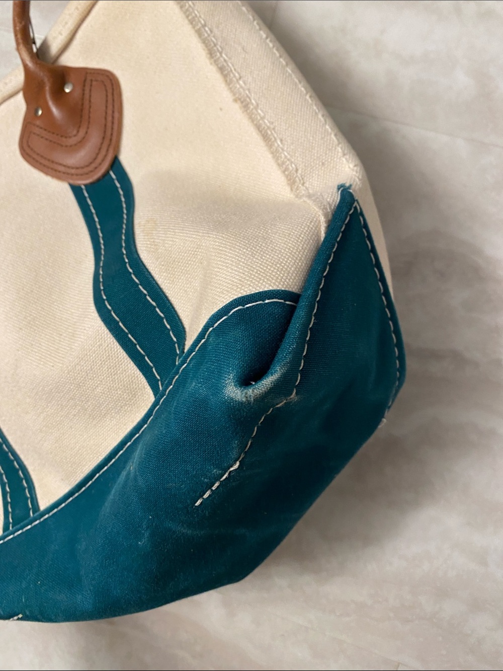 Vintage 90’sL.L. Bean Cream Canvas Mini Tote with Teal Trim & Leather Handles - Picture 3 of 8